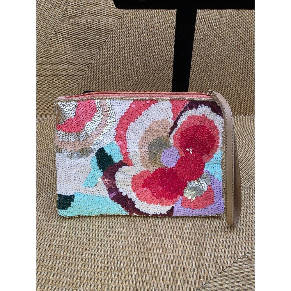 LULU Floral Sequin Clutch Wristlet With Peach Satin Lining & Zipper‎ Closure